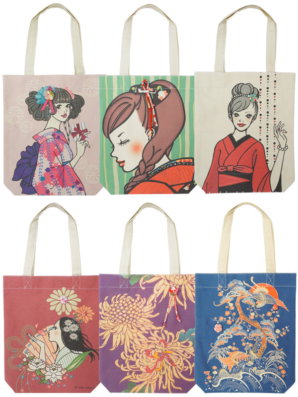Tote bag. made in Japan. Canvas fabric Kimono girl eco-bag. "Medium size / Pink"