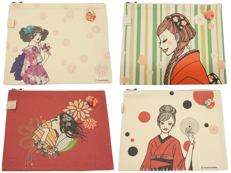 Free case. Canvas fabric. made in Japan. Kimono girl multi letter case. "Medium size / Beige"