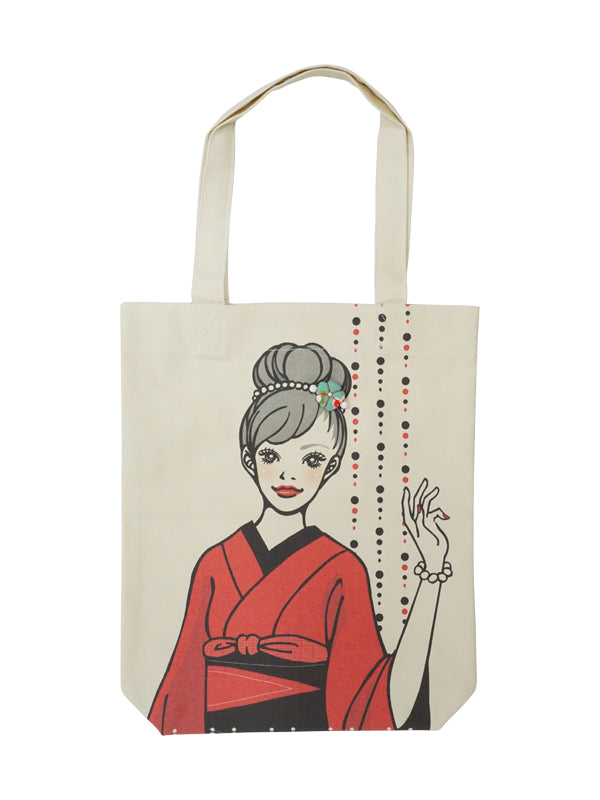 手提袋。日本制造。帆布面料和服女孩环保袋。"中等尺寸/米色"