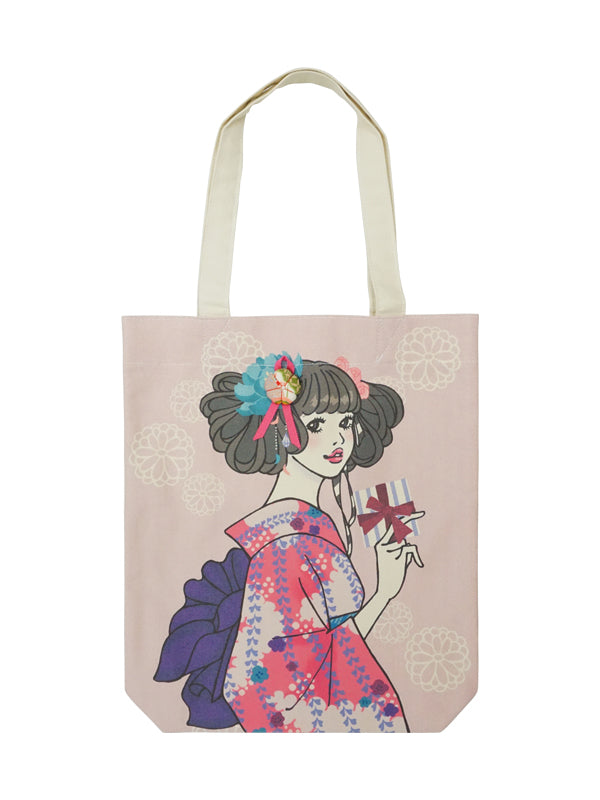 Tote bag. made in Japan. Canvas fabric Kimono girl eco-bag. "Medium size / Pink"