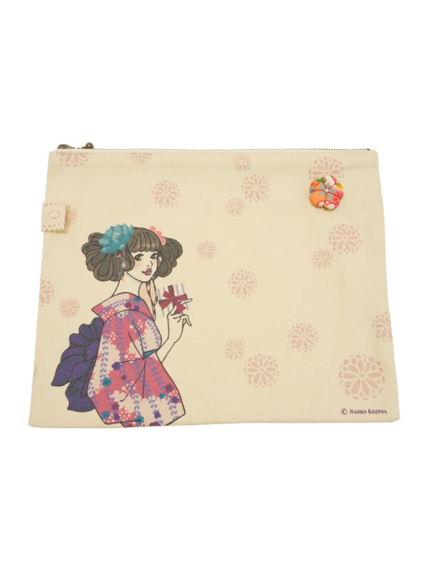 Free case. Canvas fabric. made in Japan. Kimono girl multi letter case. "Medium size / Pink"