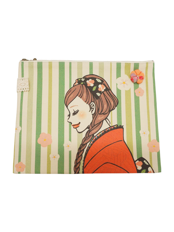 Бесплатный чехол. Холщовая ткань. сделано в Японии. Футляр для нескольких писем "Девушка в кимоно". "Средний размер / зеленый"