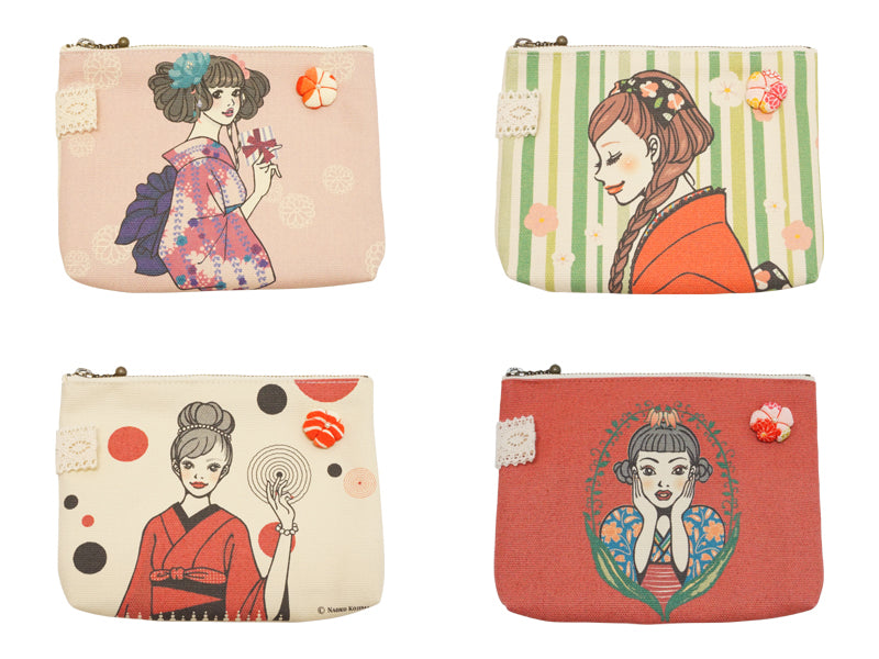 Estuche gratuito. Tejido de lona. Hecho en Japón. Kimono girl multi mini pouch. "Tamaño pequeño / Verde"