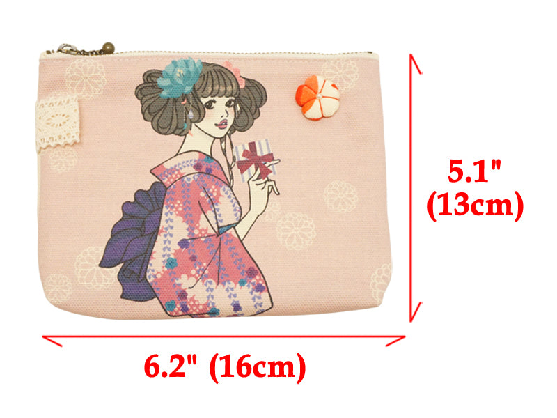 免费的箱子。帆布面料。日本制造。和服女孩多用迷你小包。"小尺寸/绿色"