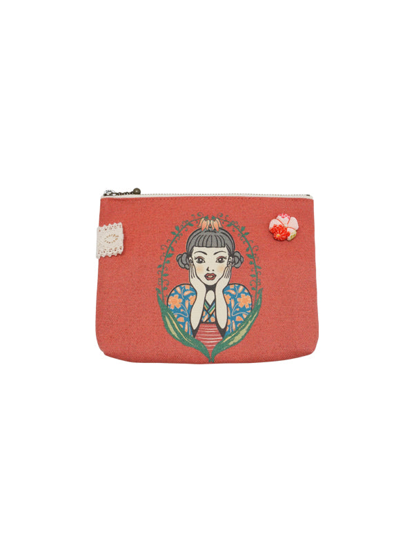 Free case. Canvas fabric. made in Japan. Kimono girl multi mini pouch. "Small size / Red"