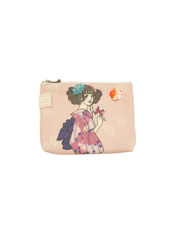 Estuche gratuito. Tejido de lona. Hecho en Japón. Kimono girl multi mini pouch. "Tamaño pequeño / Rosa"