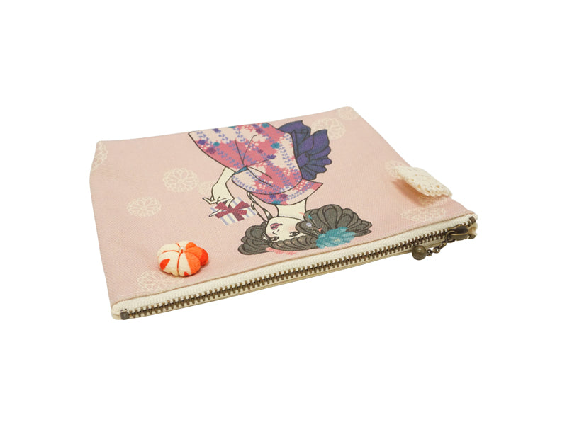 Free case. Canvas fabric. made in Japan. Kimono girl multi mini pouch. "Small size / Pink"