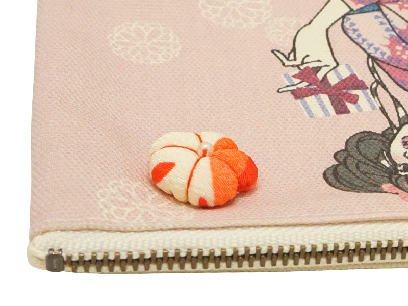 Estuche gratuito. Tejido de lona. Hecho en Japón. Kimono girl multi mini pouch. "Tamaño pequeño / Rosa"