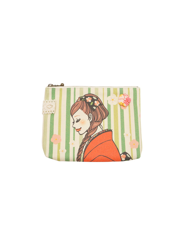 Custodia gratuita. Tessuto di tela. prodotto in Giappone. Kimono girl multi mini pouch. "Dimensione piccola / Verde