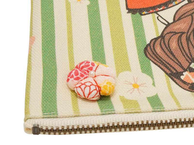 Free case. Canvas fabric. made in Japan. Kimono girl multi mini pouch. "Small size / Green"