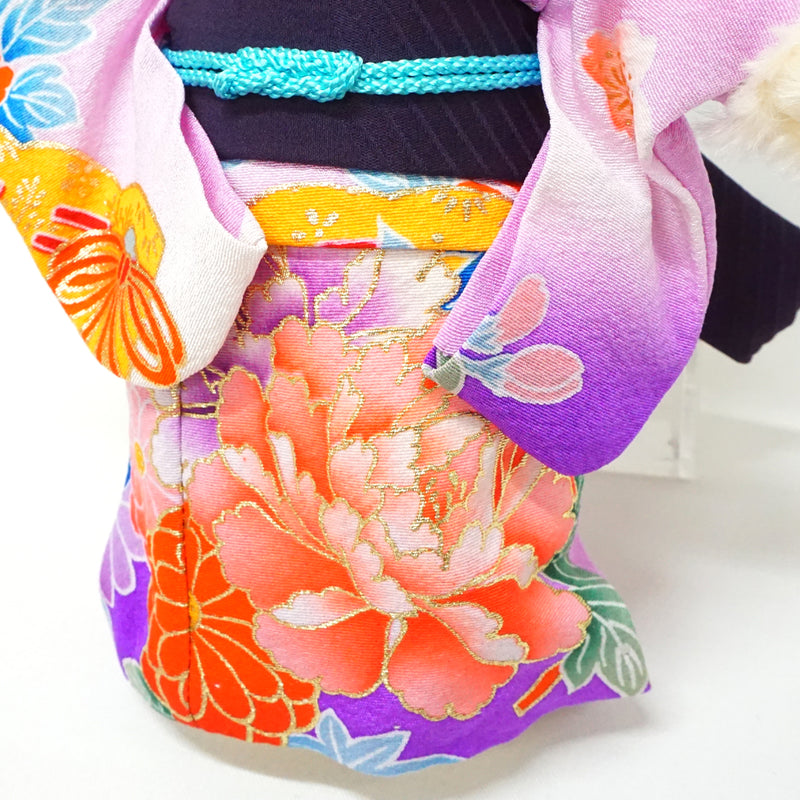 Orso di peluche che indossa il kimono. 21 cm (8,2"), prodotto in Giappone. Bambola orsetto di peluche con kimono. "Viola / Nero"
