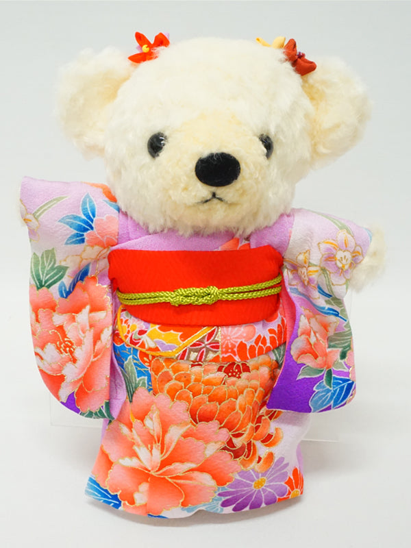Oso de peluche con kimono. 8,2" (21cm) hecho en Japón. Muñeco de peluche con kimono. "Morado / Rojo"