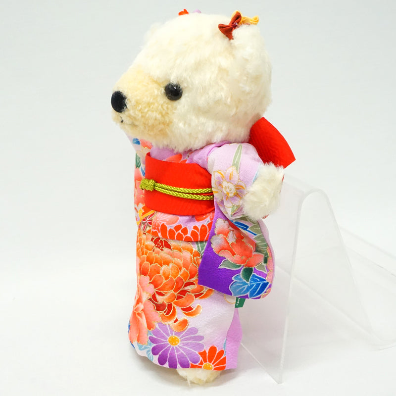 Oso de peluche con kimono. 8,2" (21cm) hecho en Japón. Muñeco de peluche con kimono. "Morado / Rojo"