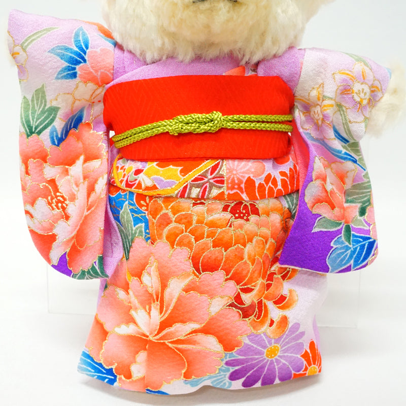 Чучело медведя в кимоно. 8,2" (21 см), сделано в Японии. Фаршированное животное Кукла Мишка в кимоно. "Фиолетовый / красный"