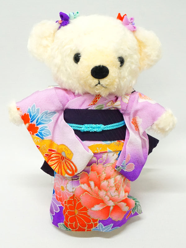 Oso de peluche con kimono. 8,2" (21cm) hecho en Japón. Muñeco de peluche con kimono. "Morado / Negro"