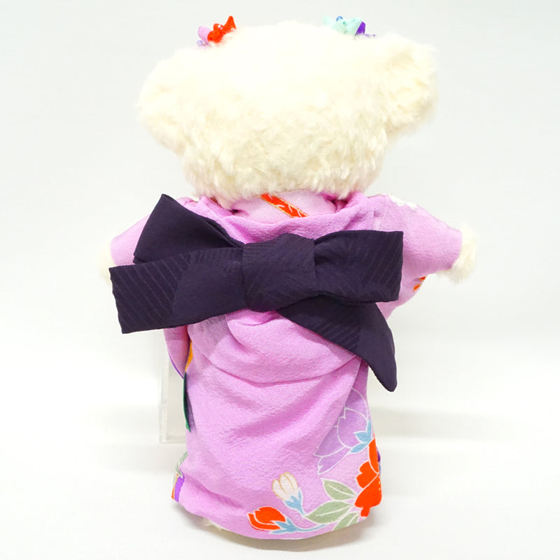 穿着和服的填充熊。8.2" (21cm) 日本制造。填充动物和服泰迪熊公仔。"紫色/黑色"
