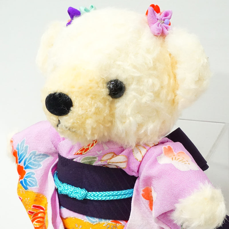 Чучело медведя в кимоно. 8,2" (21 см), сделано в Японии. Фаршированное животное Кукла Мишка в кимоно. "Фиолетовый / черный"