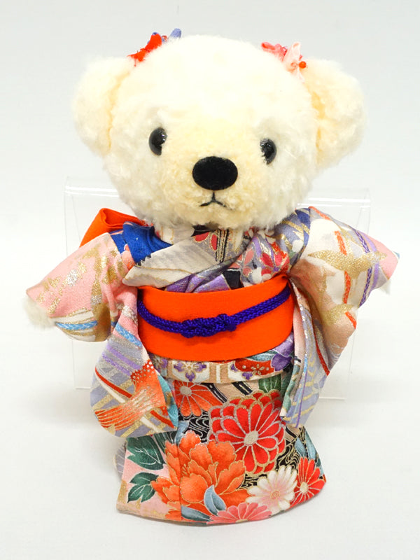 穿着和服的填充熊。8.2" (21cm) 日本制造。填充动物和服泰迪熊公仔。"混合/橙色"