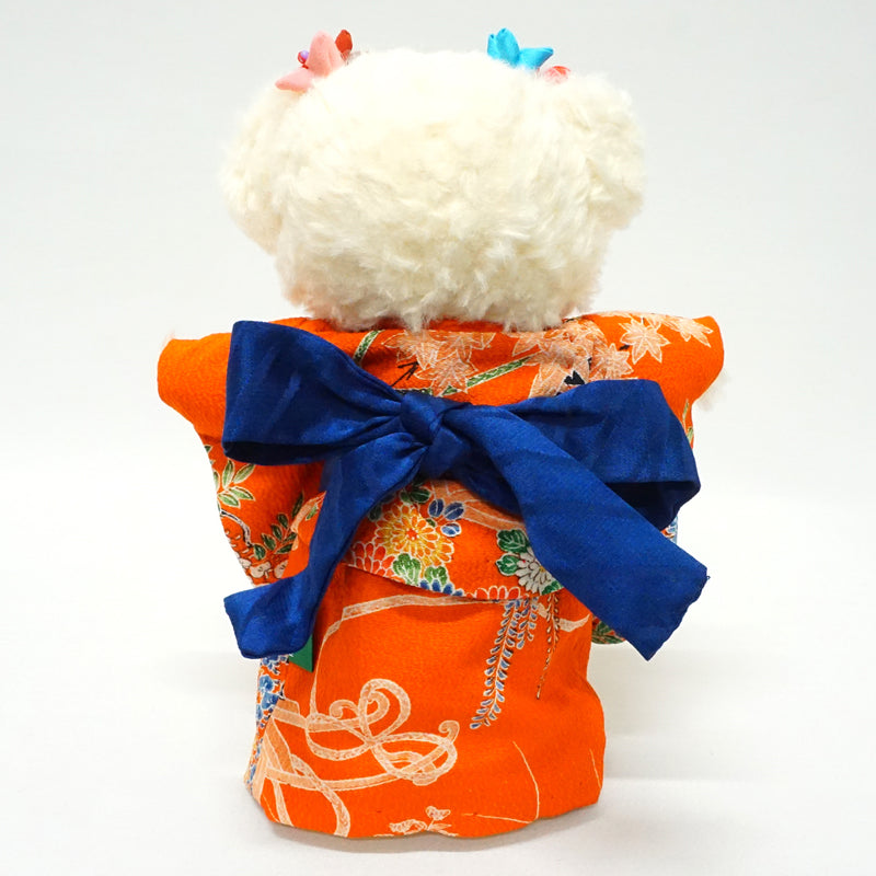 Чучело медведя в кимоно. 8,2" (21 см), сделано в Японии. Фаршированное животное Кукла мишка в кимоно. "Оранжевый / темно-синий"