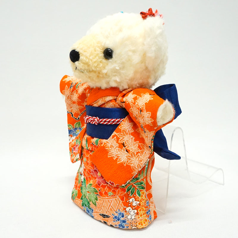 穿着和服的填充熊。8.2" (21cm) 日本制造。填充动物和服泰迪熊公仔。"橙色/深蓝色"