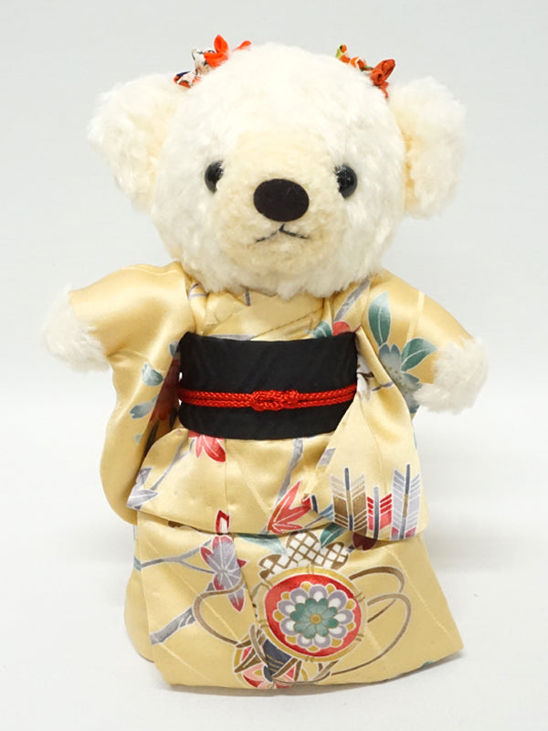 Ours en peluche portant un kimono. 21 cm (8.2") fabriqué au Japon. Poupée ourson en peluche portant un kimono. "Beige / Noir"