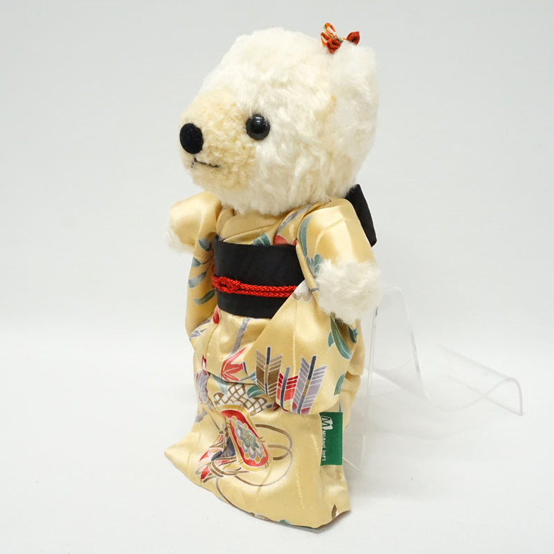 穿着和服的填充熊。8.2" (21cm) 日本制造。填充动物和服泰迪熊公仔。"米色/黑色"