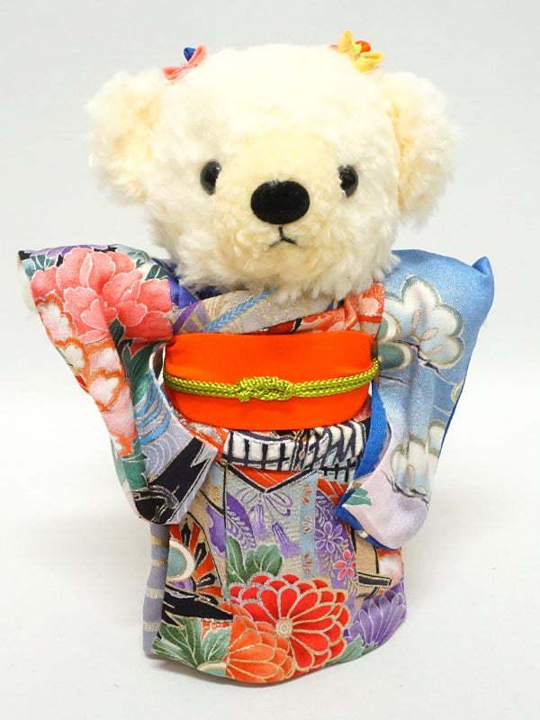 Чучело медведя в кимоно. 8,2" (21 см), сделано в Японии. Фаршированное животное Кукла Мишка в кимоно. "Голубой / оранжевый"