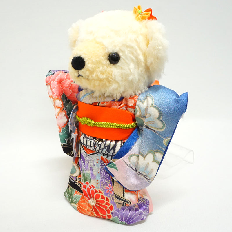 Oso de peluche con kimono. 8,2" (21cm) hecho en Japón. Muñeco de peluche con kimono. "Azul / Naranja"