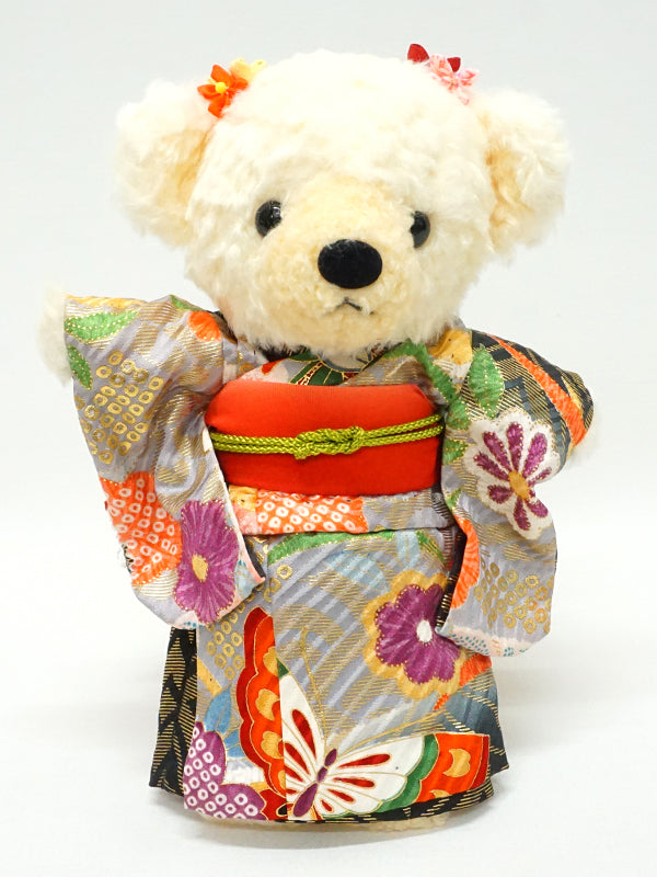 穿着和服的填充熊。8.2" (21cm) 日本制造。填充动物和服泰迪熊公仔。"混合/黑色"