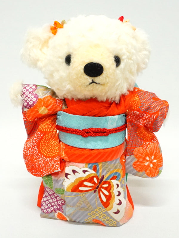 Ours en peluche portant un kimono. 21 cm (8.2") fabriqué au Japon. Poupée ourson en peluche portant un kimono. "Rouge / Bleu clair"