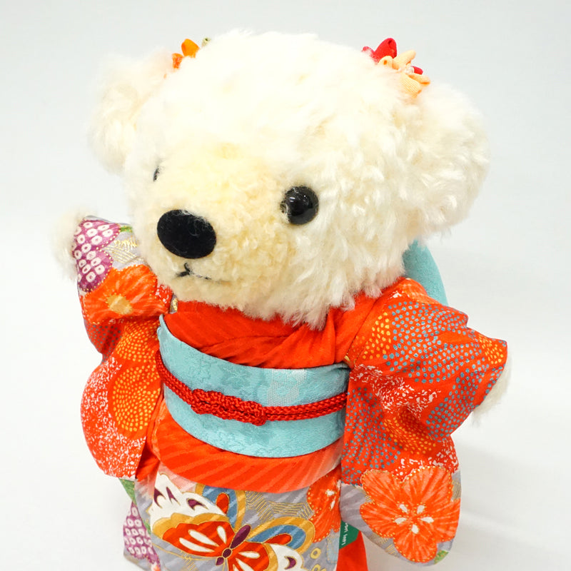 Ausgestopfter Bär mit Kimono. 8.2” (21cm) hergestellt in Japan. Kuscheltier Kimono Teddybär Puppe. "Rot / Hellblau"