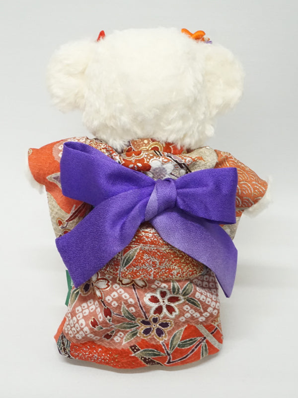 Ours en peluche portant un kimono. 21 cm (8.2inch) fabriqué au Japon. Poupée ourson en peluche portant un kimono. "Rouge / Violet"