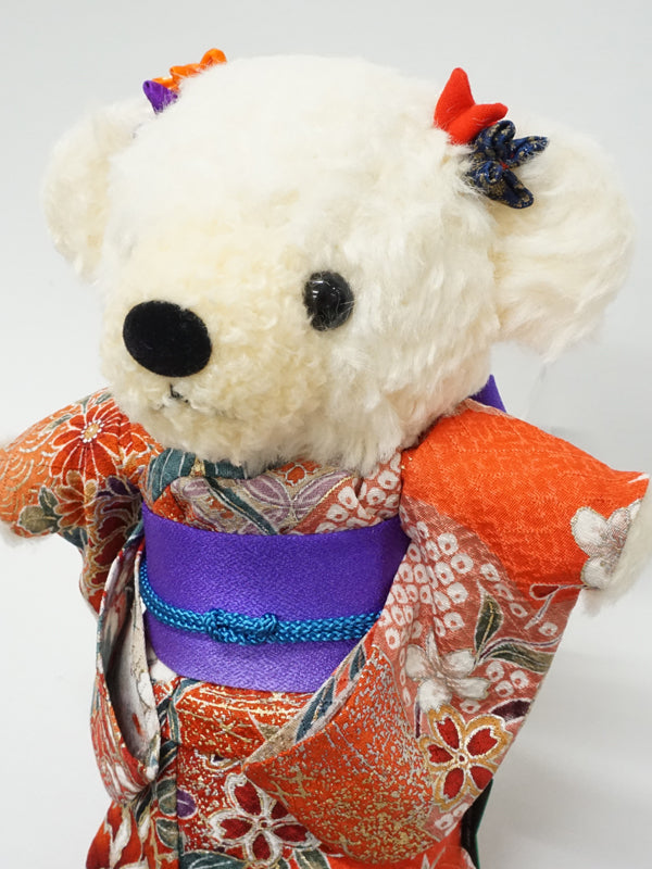 穿着和服的填充熊。8.2英寸（21厘米），日本制造。填充动物和服泰迪熊公仔。"红色/紫色"