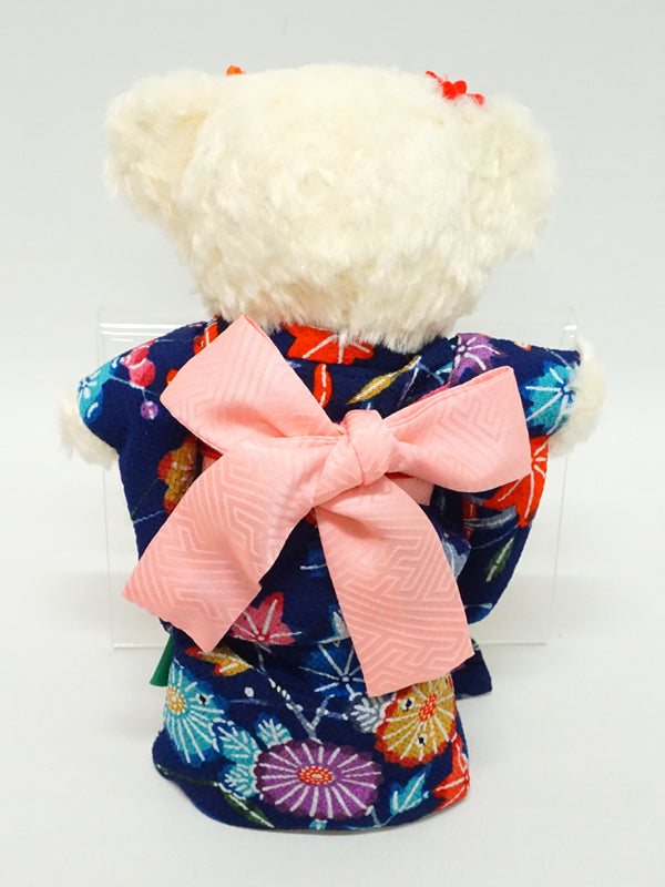 穿着和服的填充熊。8.2" (21cm) 日本制造。填充动物和服泰迪熊公仔。"蓝色/粉红色"