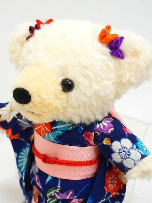 Stuffed Bear Wearing Kimono. 8.2" (21cm) made in Japan. Stuffed Animal Kimono Teddy Bear Doll. "Blue / Pink"
