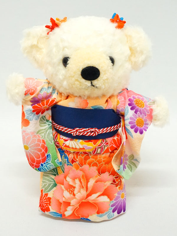 Stuffed Bear Wearing Kimono. 8.2" (21cm) made in Japan. Stuffed Animal Kimono Teddy Bear Doll. "Mix / Navy"