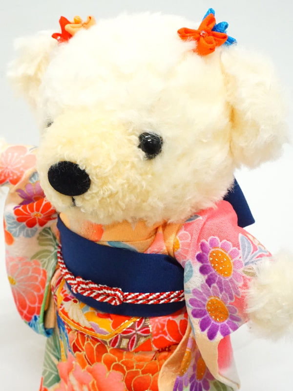 穿着和服的填充熊。8.2" (21cm) 日本制造。填充动物和服泰迪熊公仔。"混合/海军"