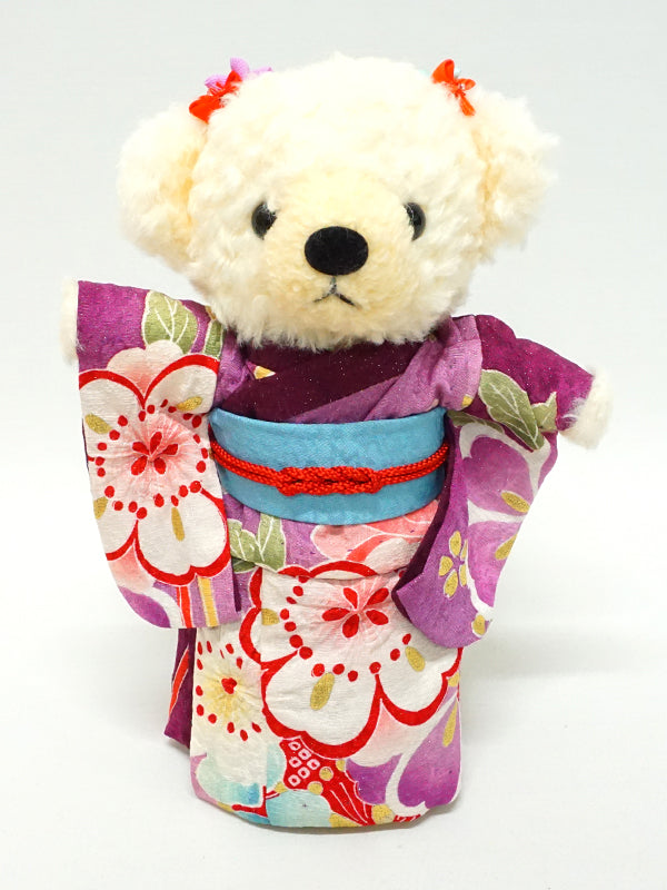 Stuffed Bear Wearing Kimono. 8.2" (21cm) made in Japan. Stuffed Animal Kimono Teddy Bear Doll. "Purple / Light Blue"