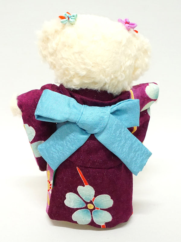 Stuffed Bear Wearing Kimono. 8.2" (21cm) made in Japan. Stuffed Animal Kimono Teddy Bear Doll. "Purple / Light Blue"
