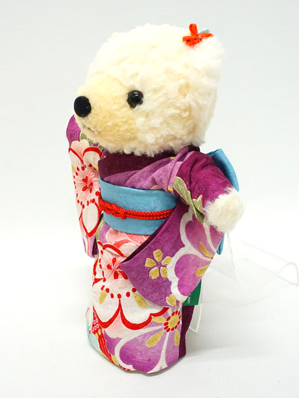 穿着和服的填充熊。8.2" (21cm) 日本制造。填充动物和服泰迪熊公仔。"紫色/浅蓝色"