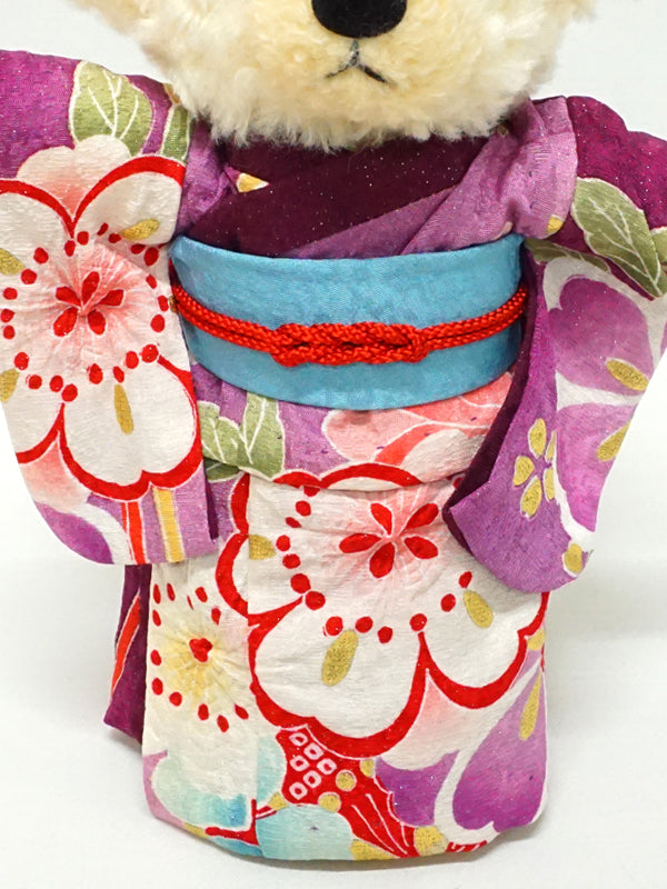 Ausgestopfter Bär mit Kimono. 8.2&quot; (21cm) hergestellt in Japan. Kuscheltier-Kimono-Teddybär-Puppe. &quot;Lila / Hellblau&quot;