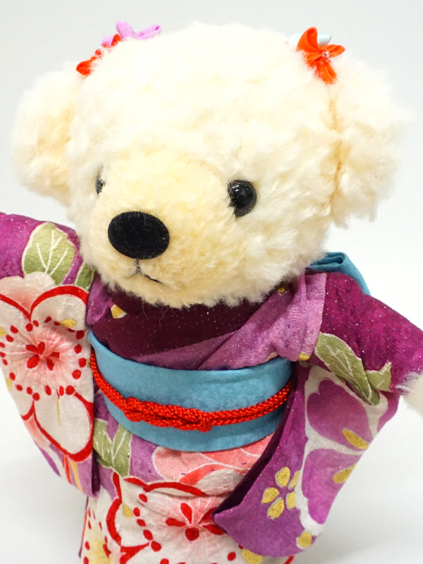 Ours en peluche portant un kimono. 21 cm (8.2") fabriqué au Japon. Poupée ourson en peluche portant un kimono. "Violet / Bleu clair"