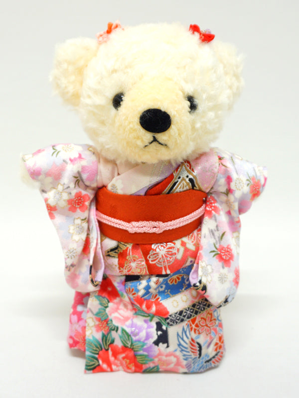 Stuffed Bear Wearing Kimono. 8.2" (21cm) made in Japan. Stuffed Animal Kimono Teddy Bear Doll. "Pink / Orange"