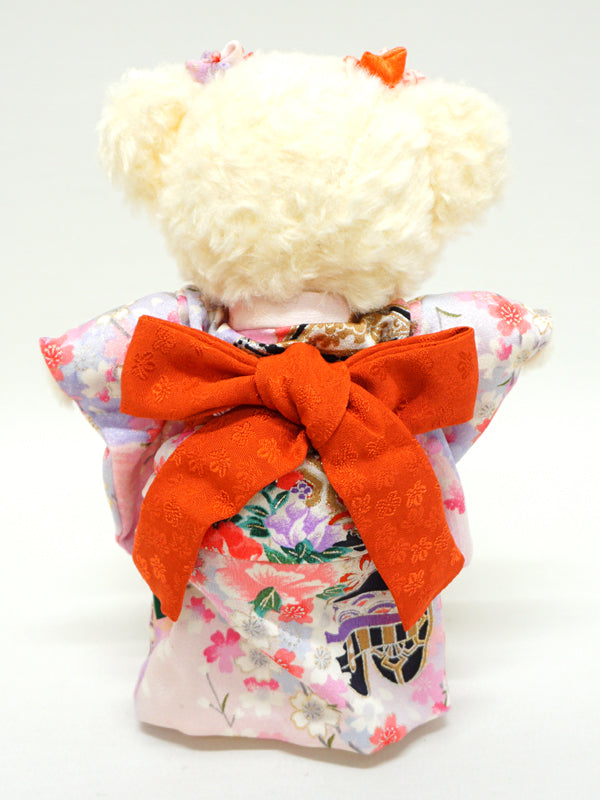 Ours en peluche portant un kimono. 21 cm (8.2") fabriqué au Japon. Poupée ourson en peluche portant un kimono. "Rose / Orange"