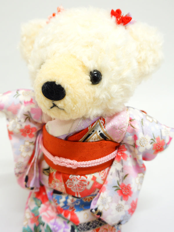 穿着和服的填充熊。8.2" (21cm) 日本制造。填充动物和服泰迪熊公仔。"粉红色/橙色"