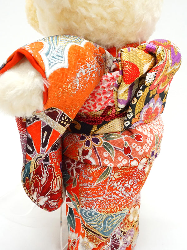 Oso de peluche con kimono. 11.4" (29cm) hecho en Japón. Muñeco de peluche con kimono. "Rojo / Mix"