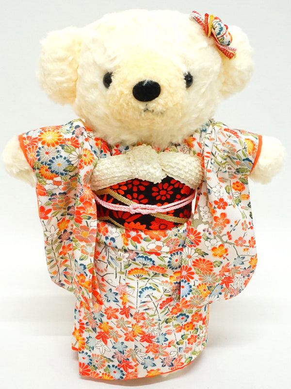 Stuffed Bear Wearing Kimono. 11.4" (29cm) made in Japan. Stuffed Animal Kimono Teddy Bear Doll. "Ivory / Orange"