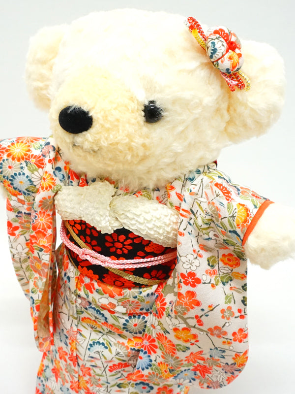 Stuffed Bear Wearing Kimono. 11.4" (29cm) made in Japan. Stuffed Animal Kimono Teddy Bear Doll. "Ivory / Orange"