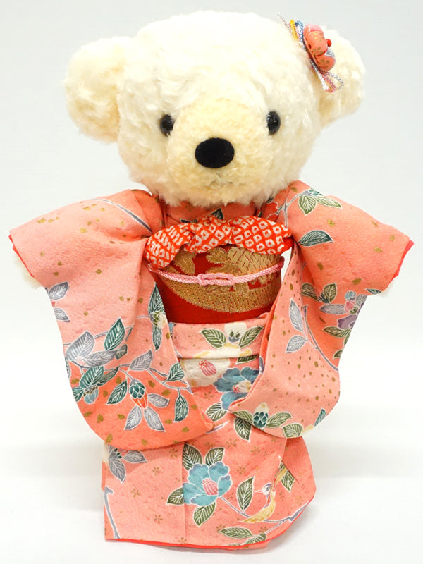 穿着和服的填充熊。11.4" (29cm) 日本制造。充填动物和服泰迪熊公仔。"粉红色/红色"