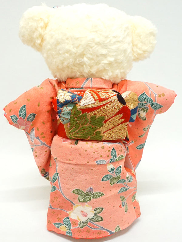 Чучело медведя в кимоно. 11,4" (29 см), сделано в Японии. Фаршированное животное Кукла Мишка в кимоно. "Розовый / красный"